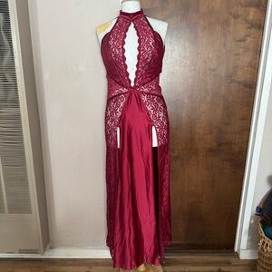 Frederick’s of Hollywood Burgundy Sheer Lace Maxi Gown Slip Dress
